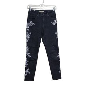 Levi's 721 Embroidered Skinny Jeans Black White Floral Skinny Slim Fit 26